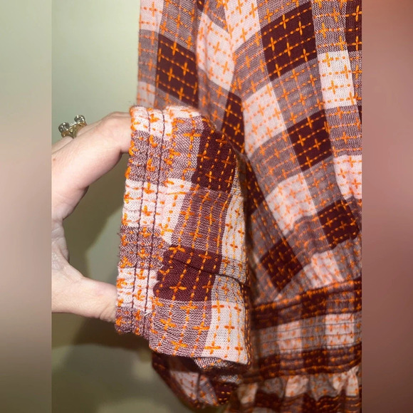 Anthropologie Pilcro Plaid Red Orange Boho Tie Ruched Waist XS Wool Blend Speing - Picture 3 of 9
